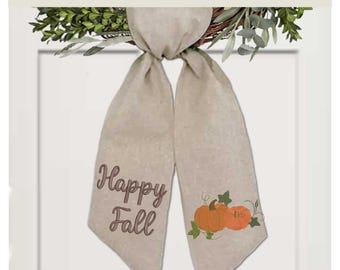 Happy Fall Embroidery Design | Wreath Sash Embroidery Files | Autumn Pumpkin Decor