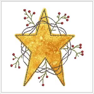 Peut inclure: Une étoile dorée de style rustique, avec un aspect texturé et un contour noir. Elle est entourée d'un motif gris foncé tressé et ornée de brins de feuilles vertes et de petites baies rouges, créant une esthétique festive.