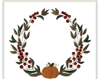 Fall Leaves and Pumpkin Wreath Machine Embroidery Design | Autumn Home Decor