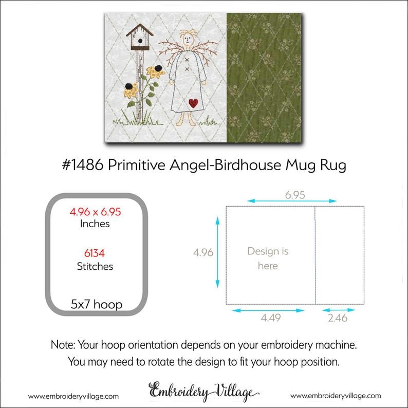 K&ouml;nnte beinhalten: Ein Primitive Angel-Birdhouse Mug Rug Design. Das Design zeigt einen Engel, ein Vogelhaus und Sonnenblumen. Die Abmessungen betragen 12,6 x 17,7 cm. Das Design ben&ouml;tigt 6134 Stiche und einen 5x7-Reifen. Der Text "Embroidery Village" ist ebenfalls vorhanden.