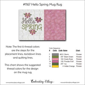 May include: A mug rug design with the text "Hello Spring" in green script and embroidered flowers. The rug is divided into two sections: a white section with floral patterns and a pink section with a leaf pattern.