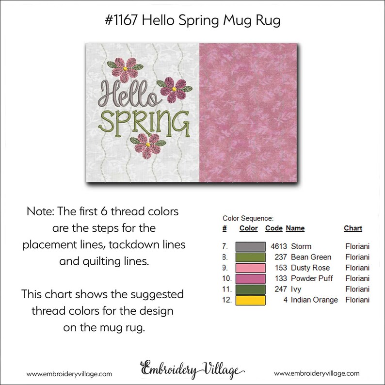May include: A mug rug design with the text "Hello Spring" in green script and embroidered flowers. The rug is divided into two sections: a white section with floral patterns and a pink section with a leaf pattern.