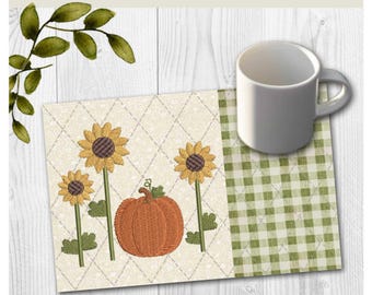 Sunflowers Pumpkin Mug Rug Embroidery Design | In-the-hoop Machine Pattern (5x7, 6x10)