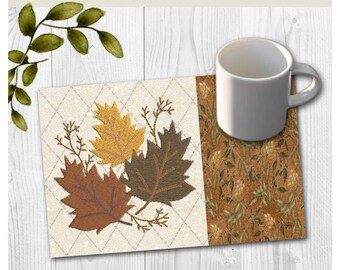 Fall Maple Leaves Mug Rug Embroidery Design | In-the-hoop Machine Pattern (5x7, 6x10)