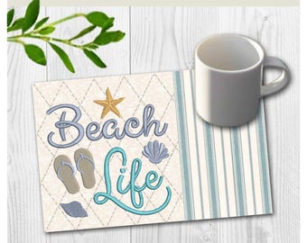 Beach Life Mug Rug Embroidery Design | Coastal In-the-hoop Machine Embroidery | 5x7 and 6x10