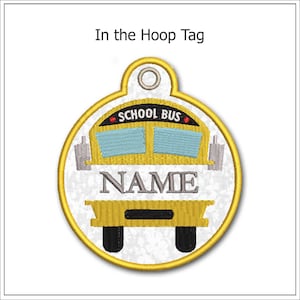 May include: Yellow school bus tag with the text "SCHOOL BUS" and "NAME". The tag has a yellow border and a white background with a textured pattern. The tag is designed to be used as a pet tag or luggage tag.