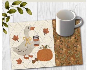 Fall Goose and Pumpkin Mug Rug Embroidery Design | In-the-hoop Machine Pattern (5x7, 6x10)