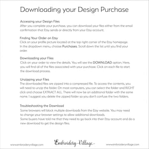 K&ouml;nnte beinhalten: Ein wei&szlig;es Dokument mit der &Uuml;berschrift "Herunterladen Ihres Design-Kaufs" mit Anweisungen zum Zugriff auf und Herunterladen von Dateien von Etsy. Es enth&auml;lt Schritte zum Auffinden von Bestellungen, Herunterladen von Dateien und Entpacken. Das Embroidery Village-Logo befindet sich unten.