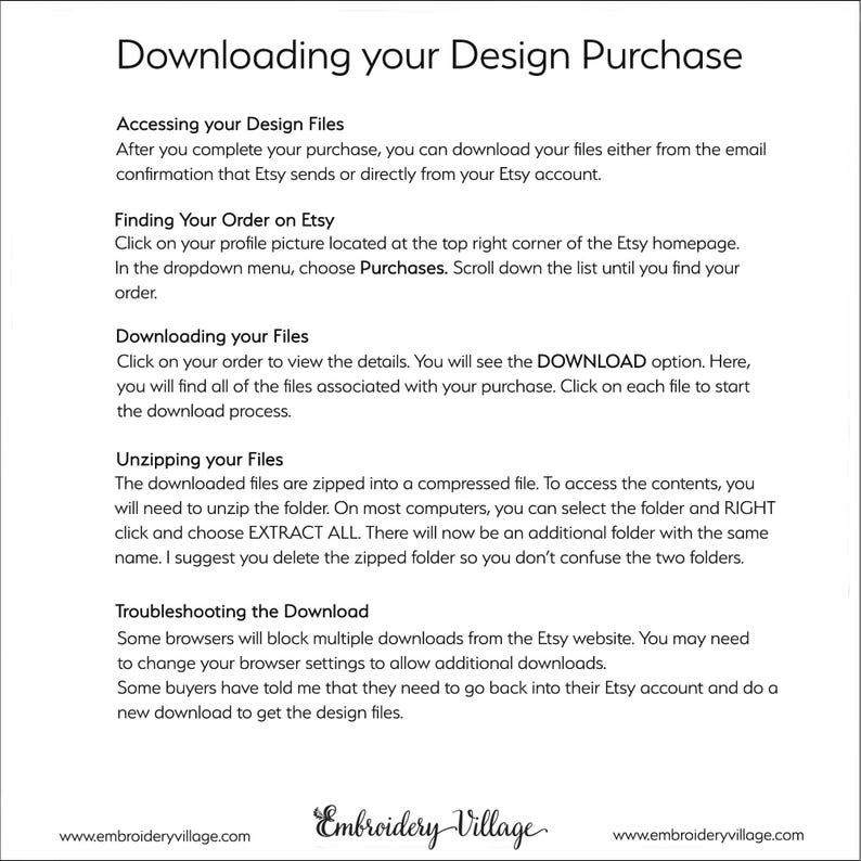 K&ouml;nnte beinhalten: Ein wei&szlig;es Dokument mit der &Uuml;berschrift "Herunterladen Ihres Design-Kaufs" mit Anweisungen zum Zugriff auf und Herunterladen von Dateien von Etsy. Es enth&auml;lt Schritte zum Auffinden von Bestellungen, Herunterladen von Dateien und Entpacken. Das Embroidery Village-Logo befindet sich unten.