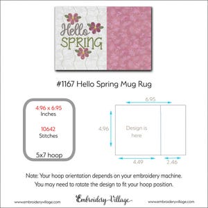 Hello Spring Mug Rug | In the Hoop | Machine Embroidery Design #1167 image 5