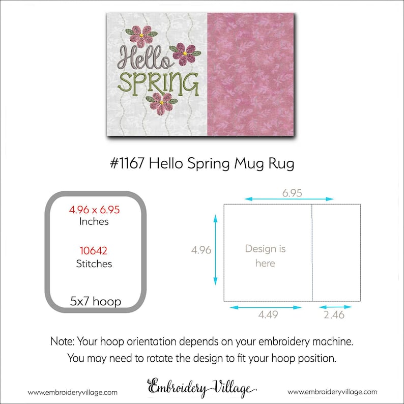 Hello Spring Mug Rug | In the Hoop | Machine Embroidery Design #1167 image 5