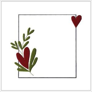 May include: A white square frame with a red heart in the top right corner and a red heart with green leaves in the bottom left corner.