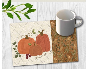 Pumpkins Mug Rug Embroidery Design | Fall Autumn Coaster | In-the-hoop Machine Embroidery Pattern