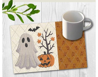 Pumpkin Ghost Mug Rug Embroidery Design | Fall Autumn Coaster | In-the-hoop Machine Embroidery Pattern