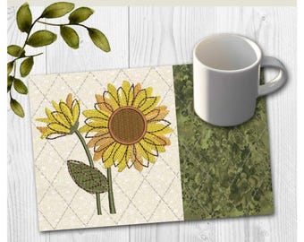 Sunflower Mug Rug Embroidery Design | In-the-hoop Machine Embroidery Pattern 5x7 and 6x10 sizes