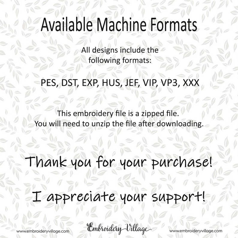 K&ouml;nnte beinhalten: Wei&szlig;er Hintergrund mit Text: "Available Machine Formats" und eine Liste von Stickdateiformaten: PES, DST, EXP, HUS, JEF, VIP, VP3, XXX. Enth&auml;lt "Thank you for your purchase!" und "I appreciate your support!"