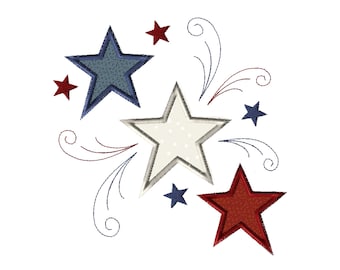 Patriotic Stars Applique Embroidery Design, red, white and blue stars with sparkles (digital file)