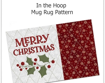 Merry Christmas Mug Rug In-the-hoop Stickdatei Stickset mit Weihnachtsgruß und Blattakzenten