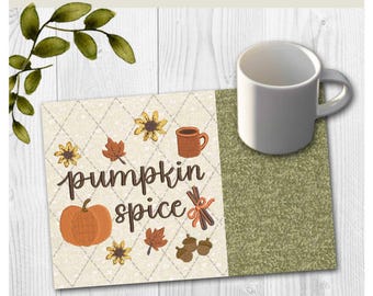 Cozy Pumpkin Spice Mug Rug Embroidery Design | In-the-hoop Machine Pattern (5x7, 6x10)