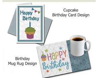 Birthday Cupcake Embroidery Bundle | Card, Mug Rug Designs (Digital Download)