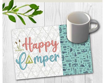 Happy Camper Mug Rug Embroidery Design | Summer Camping | In-the-hoop Pattern 5x7 and 6x10
