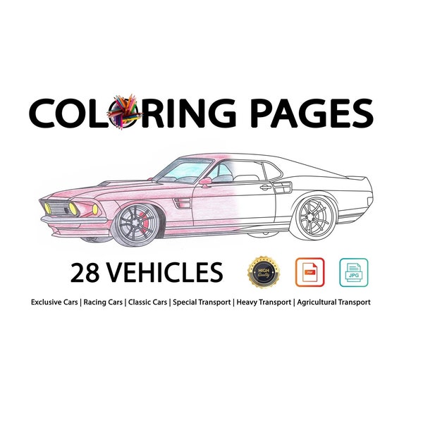 Coloring pages with vehicles | 28 pages | pdf + jpg | For Kids + Adults | Cars | Supercars | Trucks | Tractors | Racing cars | Activity Book
