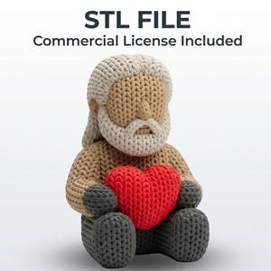 May include: A knitted figure of an elderly man with a white beard and hair, holding a red heart. The figure is in shades of beige, grey, and red. The text "STL FILE Commercial License Included" is at the top.