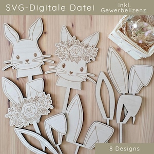 Puede incluir: Ocho diseños de conejito de madera cortados con láser para manualidades. Los diseños incluyen cabezas de conejito con coronas de flores, orejas de conejito y una cabeza de conejito con un ramo de flores.