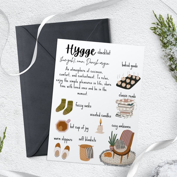 Hygge Print, Hygge Art, Hygge Poster, Hygge Greeting Card, Hygge Checklist, Scandi Art, Scandinavian Decor, Cozy Hygge, Greeting Card