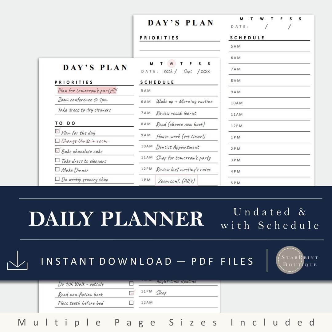 Undated Daily Planner With Schedule (printable/digital) - Etsy
