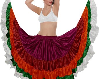 Satin Belly Dance Skirt, 25 Yard 5 Tiered Multi Color Tribal Skirt