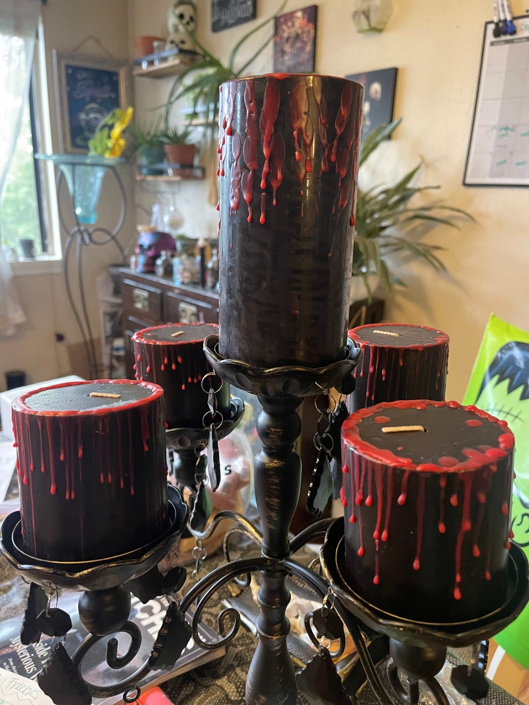 Black Pillar Candle With Bloody Red Drip Etsy