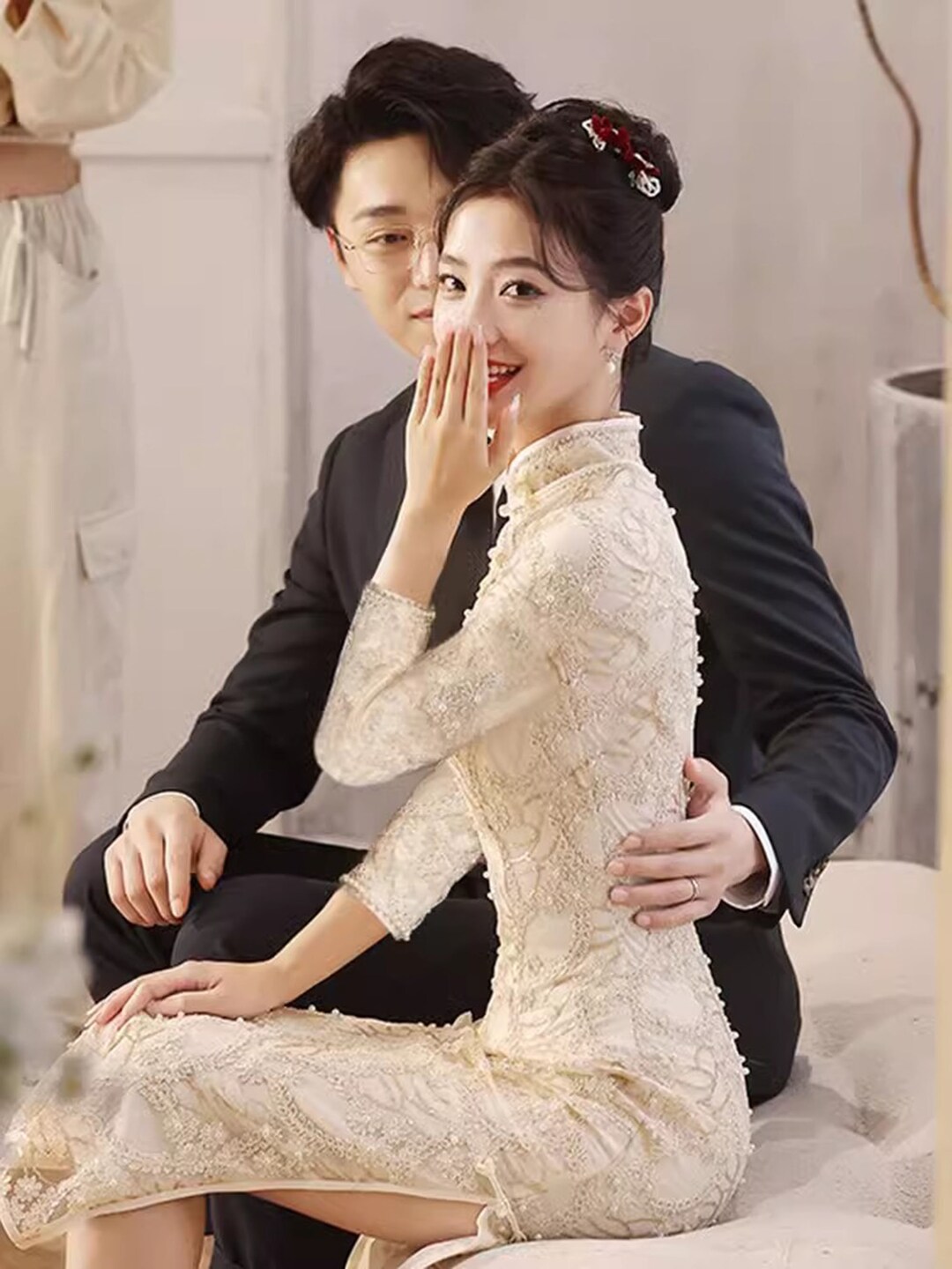 Champagne A-line Midi Cheongsam Qipao Dress