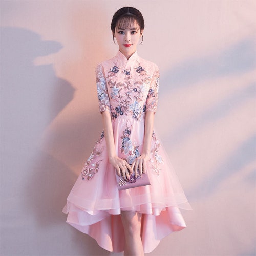 asian dress prom chinese chinese pink dress High end Chinese dress, tube top Cheongsam, prom long Cheongsam Pink / Custom made ( Mandarin Collar Pattern Gradient Women Gown Set Traditional