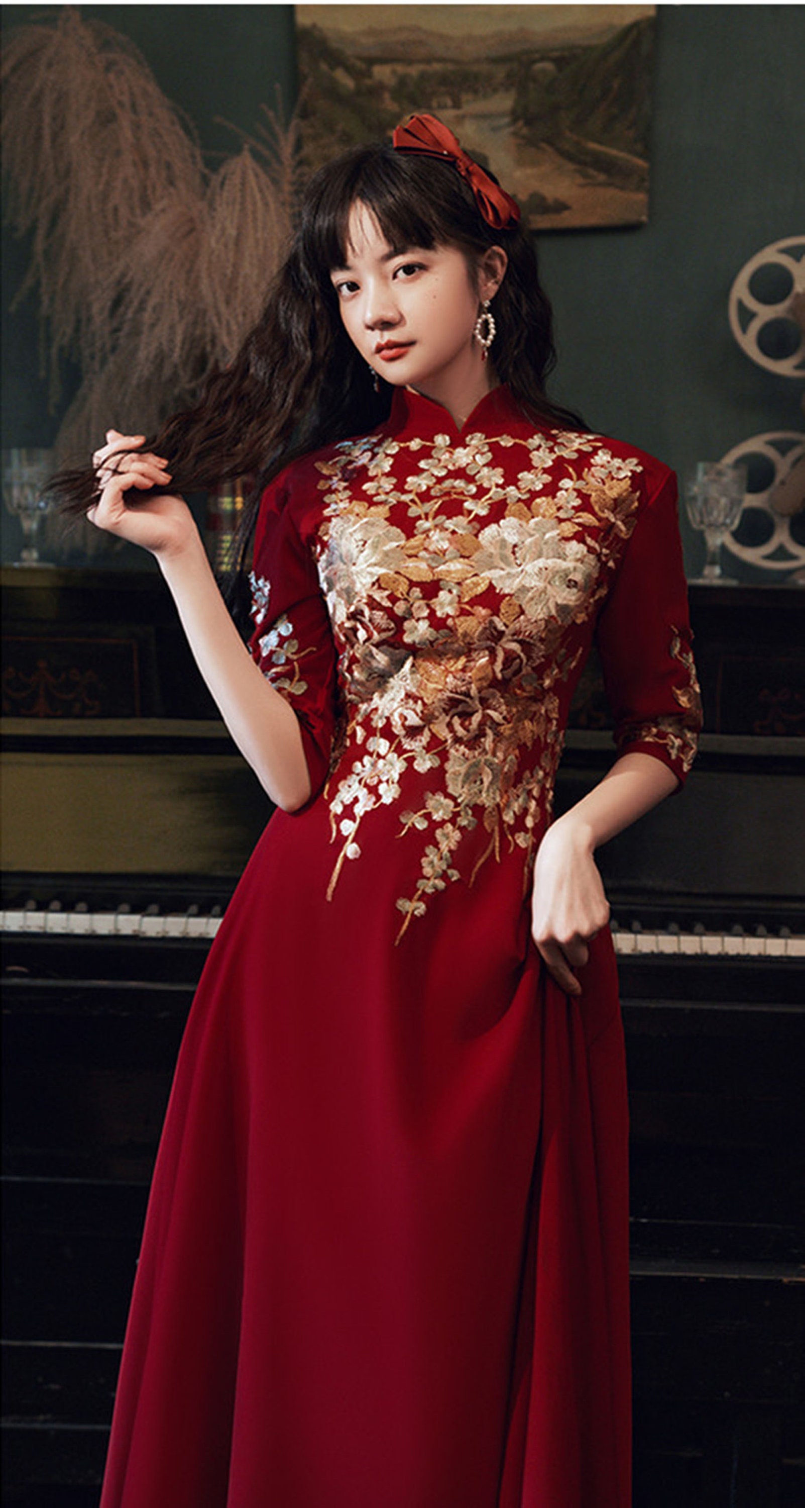 Long Sleeve Red Oriental Style Dresses Chinese Bride Vintage Traditional  Wedding Cheongsam Dress Long Qipao | Wish