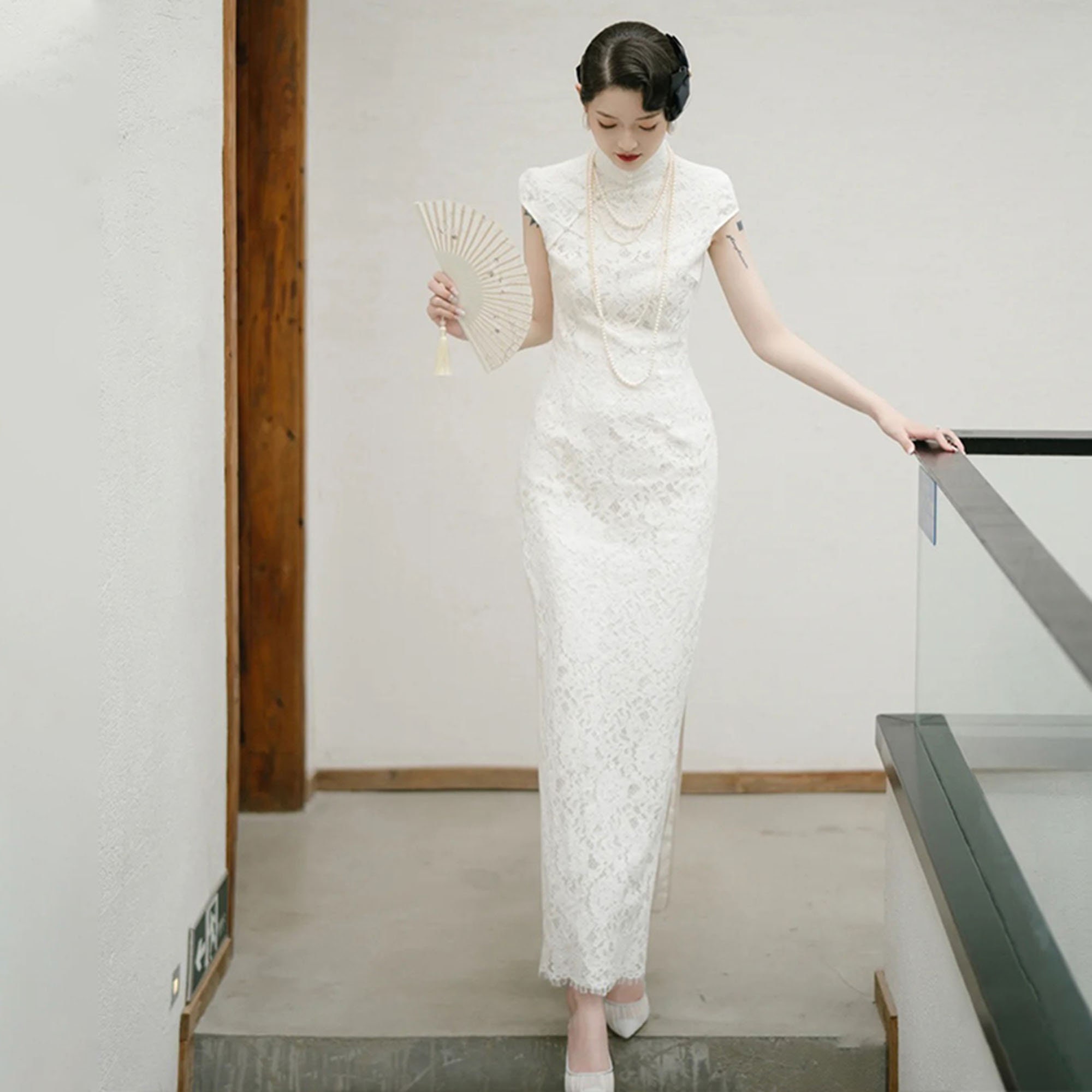 White Cheongsam Dress chinese Wedding Dresslong Qipao Dress
