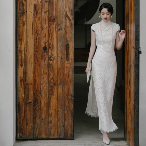 Vestido blanco de Cheongsam vestido de novia chino vestido - Etsy México Vestido blanco de Cheongsam vestido de novia chino vestido - Etsy México