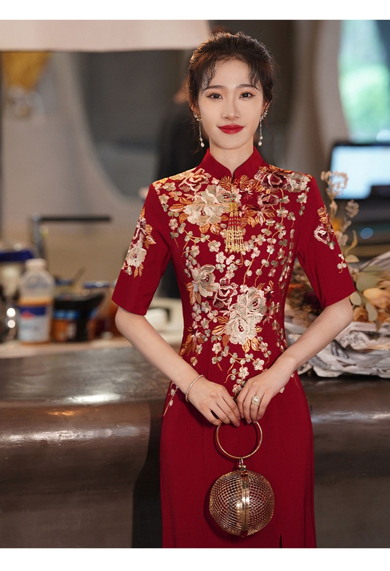 Chinese Wedding Dress Wine Red Qipao Embroidered Cheongsam - Etsy