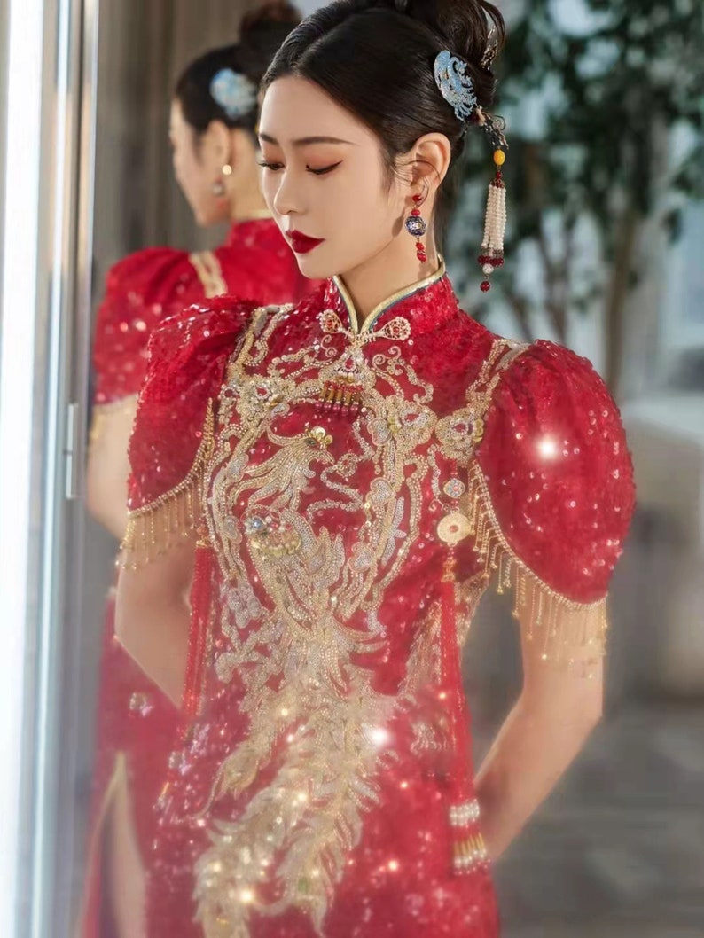 Sequins Bridal Dressbridal Gownchinese Wedding Dress Red Etsy