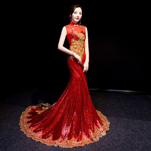 Red Jacquard Sequined Phoenix Bridal Wedding Cheongsam Dress