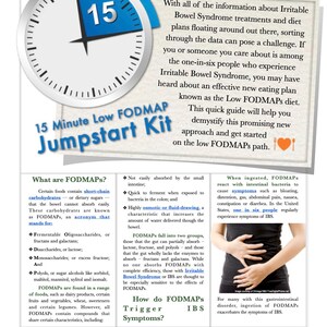 Puede incluir: Una guía para la dieta baja en FODMAP, un plan de alimentación para personas con síndrome del intestino irritable (SII). La guía incluye un reloj con el número 15, un corazón con un tenedor y un cuchillo, y una mujer con un corazón rojo en el pecho. El texto en la página incluye las palabras "Bajo en FODMAP", "Kit de inicio rápido", "¿Qué son los FODMAP?", "¿Cómo los FODMAP desencadenan los síntomas del SII?", y "Descargo de responsabilidad médica".