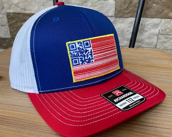 Richardson 112 Trucker hat Royal/White/Red with Custom QR Code Flag patch