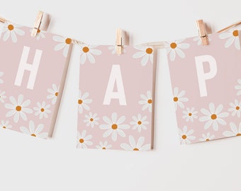 Retro Daisy Happy Birthday Banner, Milestone Stats, Instant Download, Printable Bunting, Editable Template, Boho Party Decor MILA