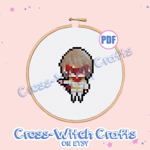 May include: A cross-stitch pattern featuring a pixelated character with brown hair, a red mask, and a white and blue outfit. The pattern is displayed on a white background in a round embroidery hoop. The text "PDF" and "Cross-Witch Crafts" are visible in the image.