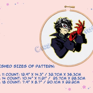 May include: A cross-stitch pattern of a character wearing a black coat and a red mask. The pattern is in a circular embroidery hoop. The finished sizes of the pattern are listed below: AIDA 11 COUNT: 12.9" X 14.3" / 32.7CM X 36.3CM AIDA 14 COUNT: 10.14" X 11.21" / 25.7CM X 28.5CM AIDA 18 COUNT: 7.9" X 8.7" / 20.1CM X 22.2CM