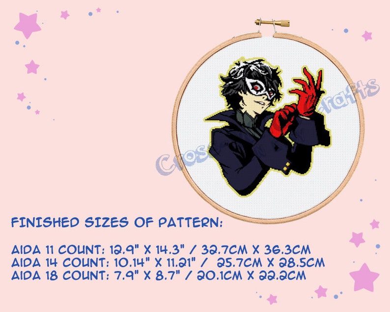 May include: A cross-stitch pattern of a character wearing a black coat and a red mask. The pattern is in a circular embroidery hoop. The finished sizes of the pattern are listed below: AIDA 11 COUNT: 12.9" X 14.3" / 32.7CM X 36.3CM AIDA 14 COUNT: 10.14" X 11.21" / 25.7CM X 28.5CM AIDA 18 COUNT: 7.9" X 8.7" / 20.1CM X 22.2CM