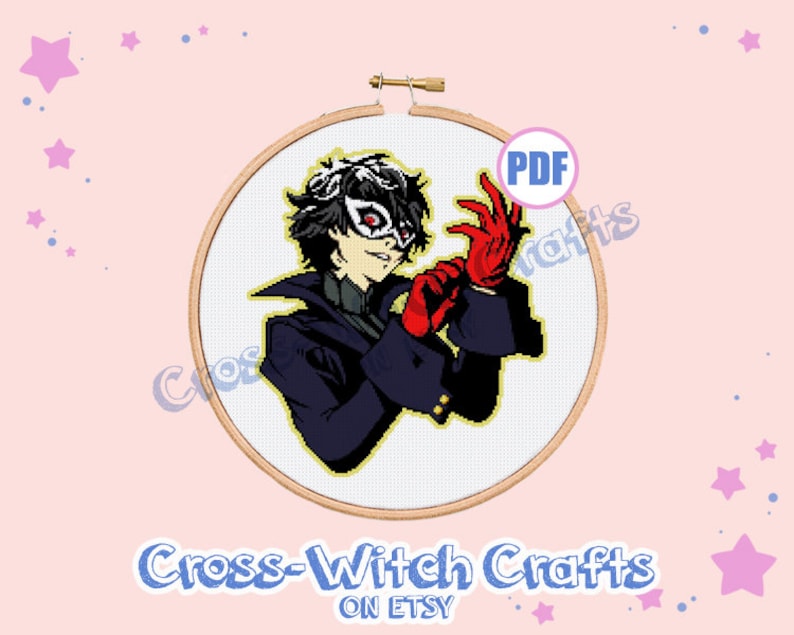 May include: A cross-stitch pattern featuring a character with black hair, a red mask, and a black and white outfit. The character is holding a red glove in their right hand. The pattern is in a circular hoop and labeled "PDF".