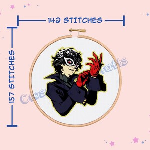 May include: A cross stitch pattern of a character from the video game Persona 5. The character is wearing a black suit with a red mask and gloves. The pattern is 142 stitches wide and 157 stitches tall.