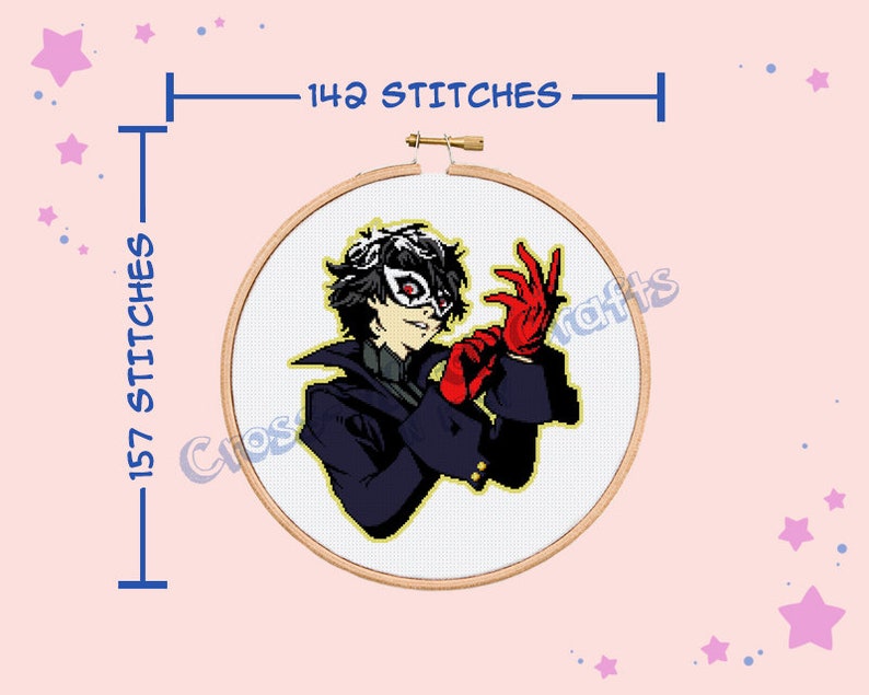 May include: A cross stitch pattern of a character from the video game Persona 5. The character is wearing a black suit with a red mask and gloves. The pattern is 142 stitches wide and 157 stitches tall.
