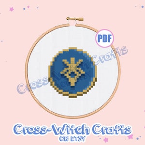 May include: A blue and gold cross stitch pattern of a stylized snowflake design. The pattern is in a hoop and is labeled "Cross-Witch Crafts on Etsy" and "PDF".